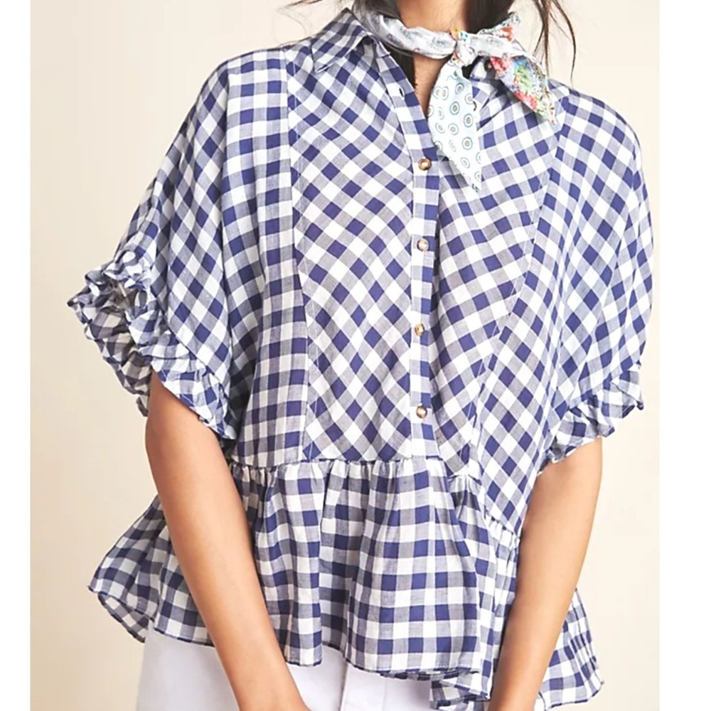 Maeve Anthropologie Navy Gingham Flounced Ruffle Shirt Linen Blend M Oversized